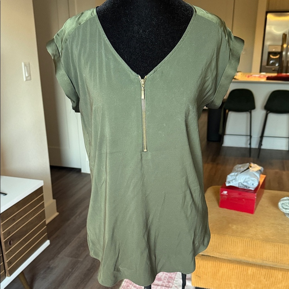Express Olive Green Blouse with Front Zipper